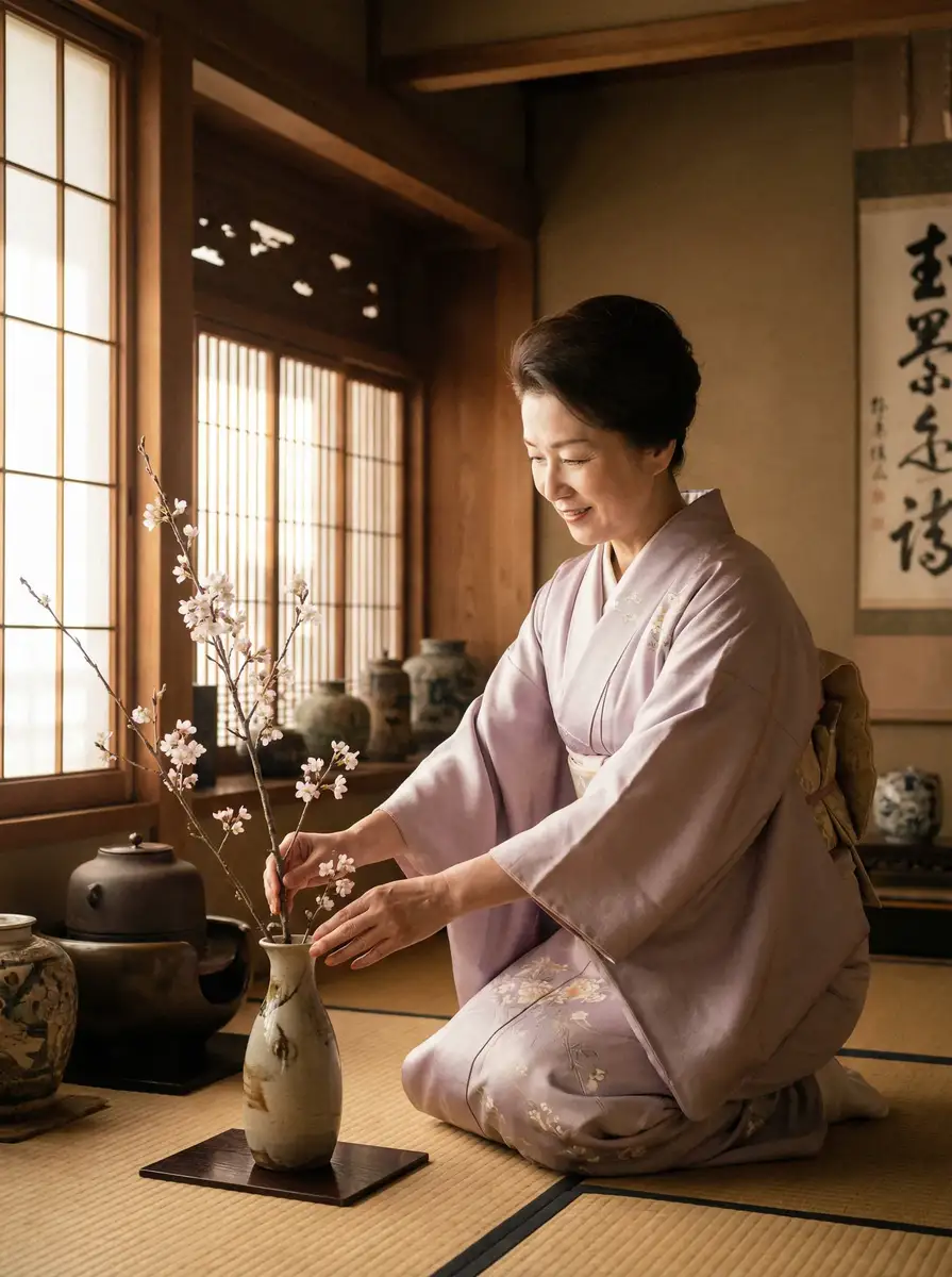 一位优雅的 满天星高压监狱 在和室中插花